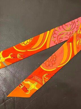 Authentic Hermès Silk Twilly Scarf - Vibrant Orange & Floral Motif
